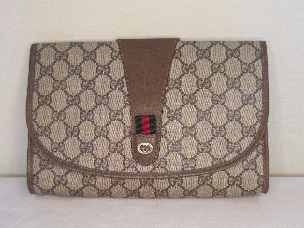 Gucci GG Supreme Vintage Monogram Clutch Bag Web Stripe Brown Leather Ophidia